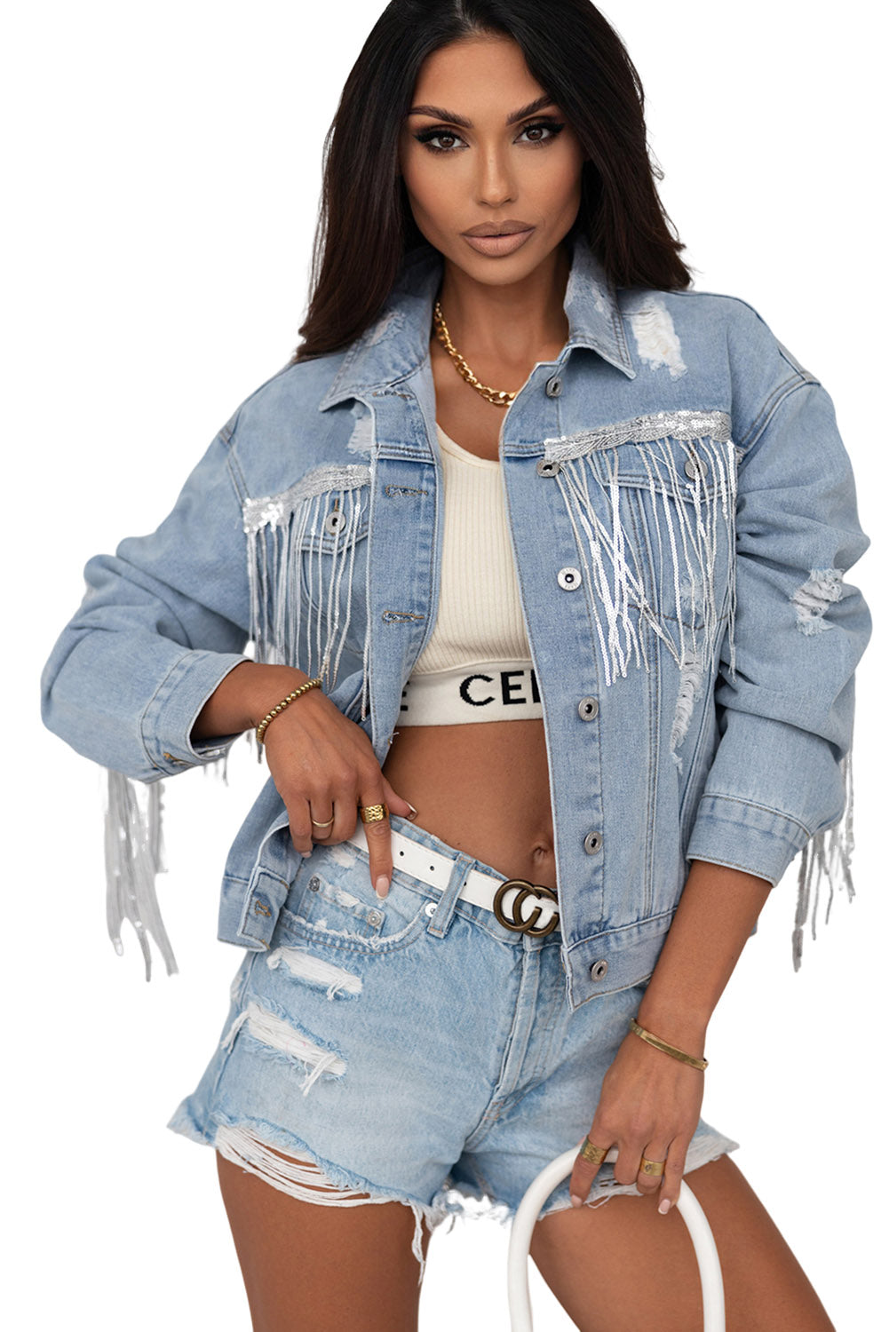 Sky Blue Sequin Embellished Fringe Distressed Denim Jacket