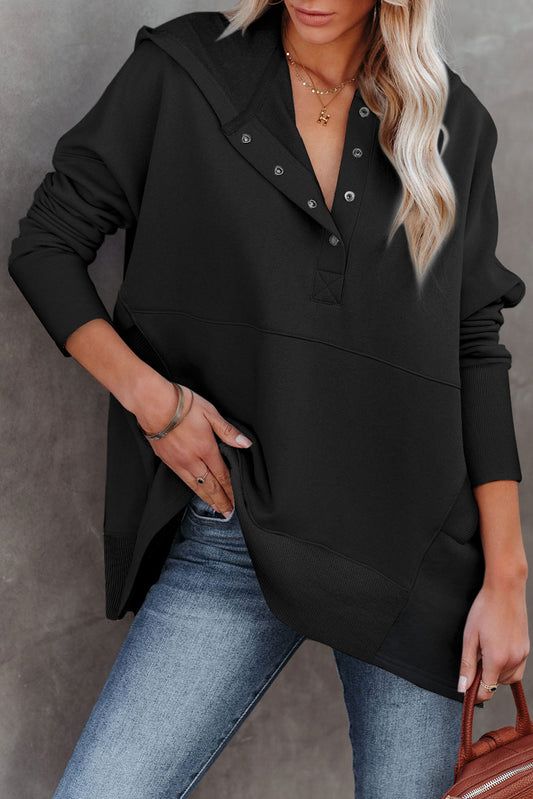 Black Batwing Sleeve Pocketed Henley Hoodie