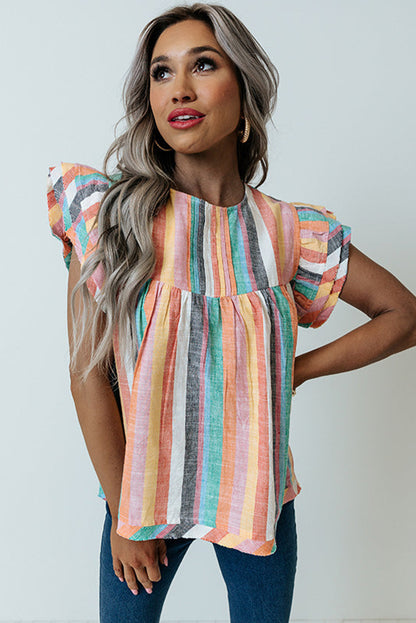 Multicolor Striped Tiered Ruffle Cap Sleeve Top