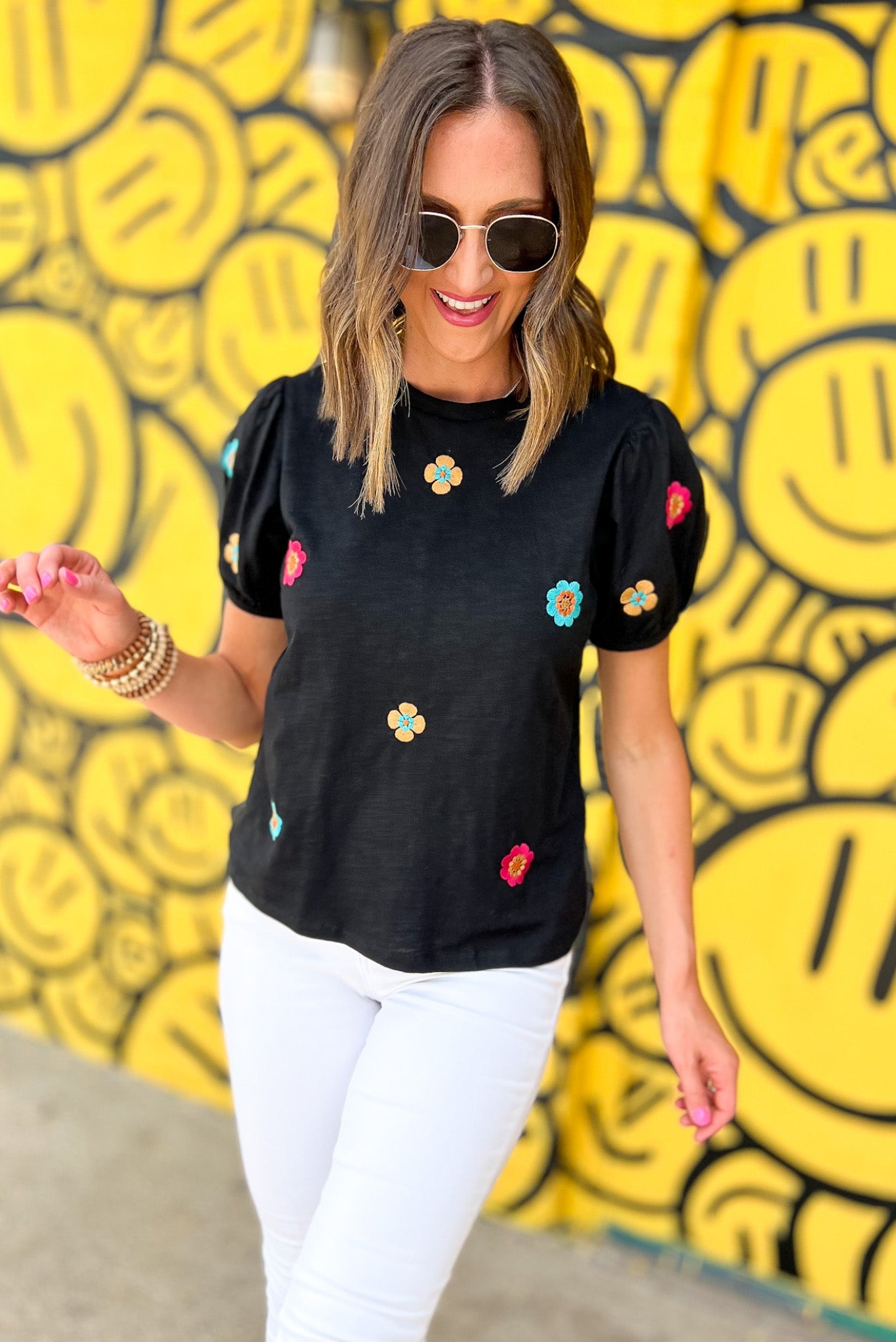 Black Embroidered Flower Short Puff Sleeve Tee