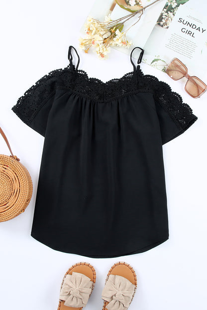 Black Crochet Neckline Short Sleeve Top