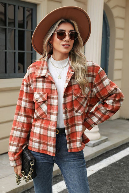 Pocketed Plaid Collared Neck Dropped Shoulder Jacket