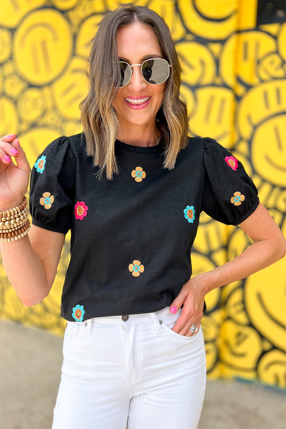 Black Embroidered Flower Short Puff Sleeve Tee