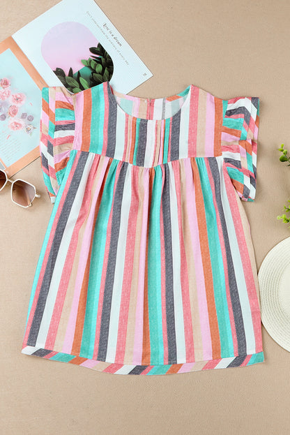 Multicolor Striped Tiered Ruffle Cap Sleeve Top