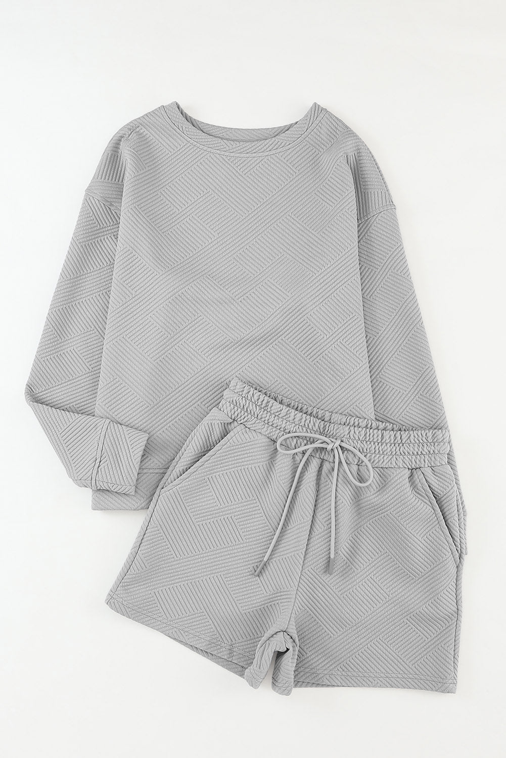 Gray Textured Long Sleeve Top and Drawstring Shorts Set