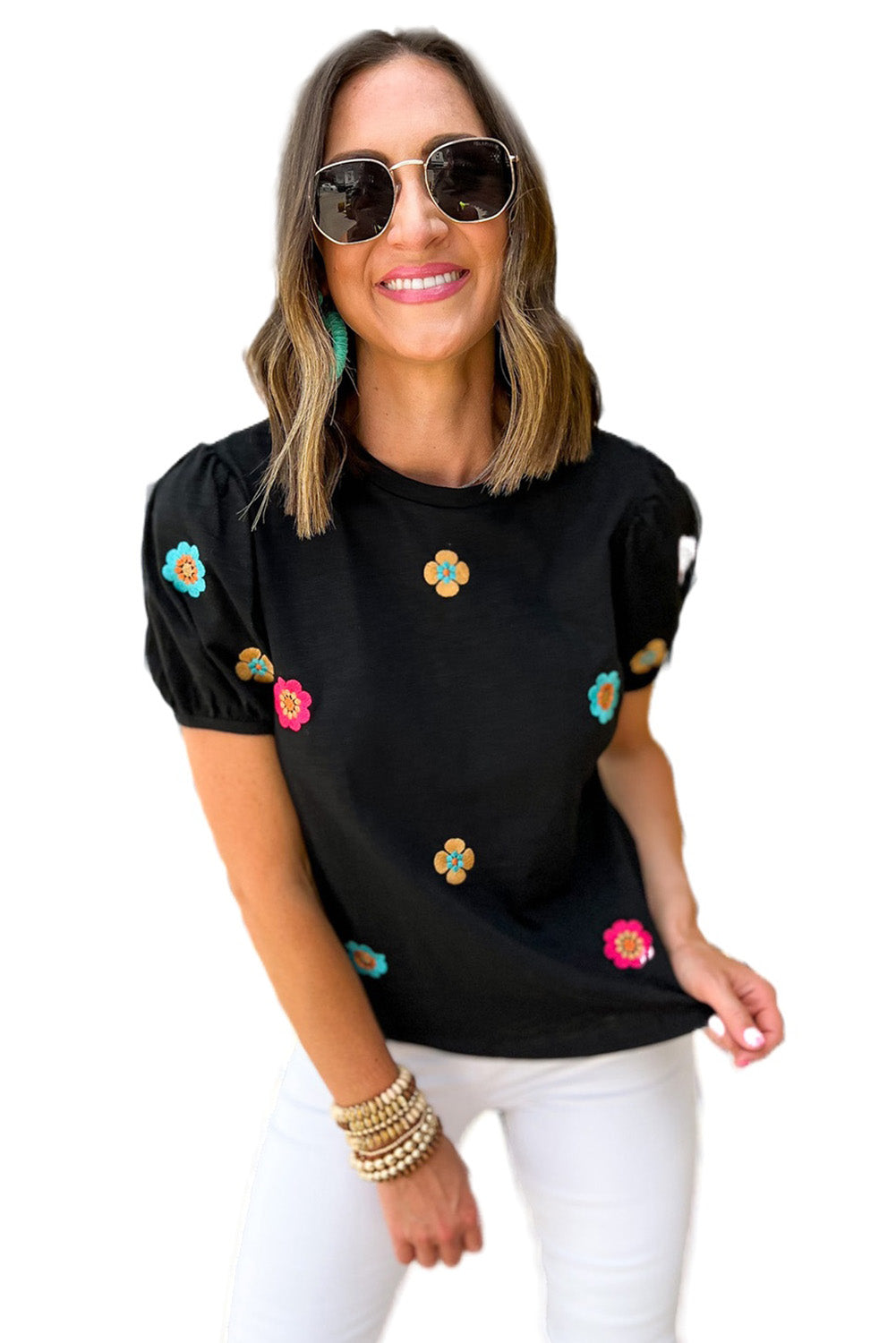 Black Embroidered Flower Short Puff Sleeve Tee