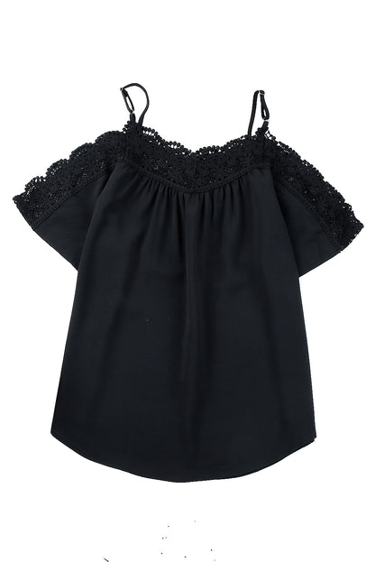 Black Crochet Neckline Short Sleeve Top