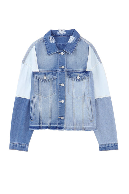 Sky Blue Color Block Denim Patchwork Frayed Hem Jacket