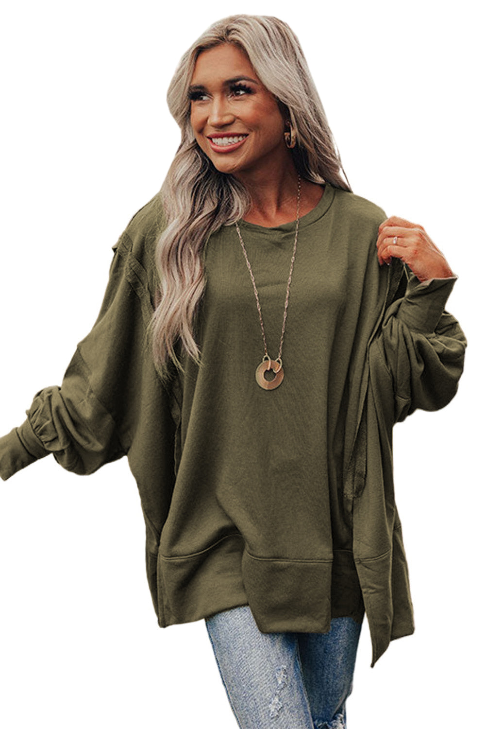 Green Patchwork Drop Shoulder Oversized Top