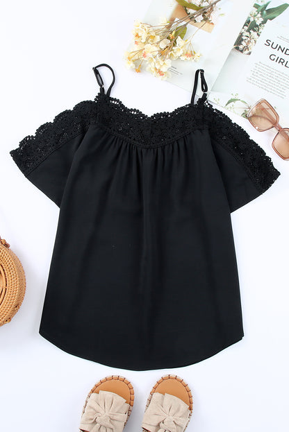 Black Crochet Neckline Short Sleeve Top