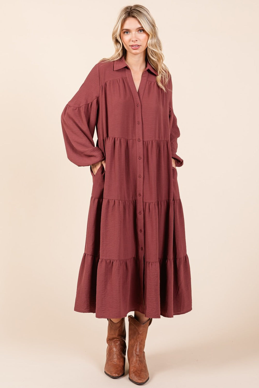 Mittoshop Tiered Button Down Long Sleeve Midi Dress