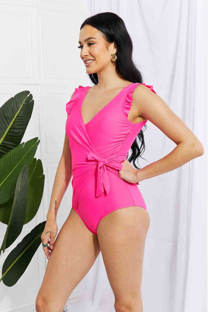 Full Size Float On Ruffle Faux Wrap One-Piece in Pink