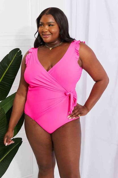 Full Size Float On Ruffle Faux Wrap One-Piece in Pink